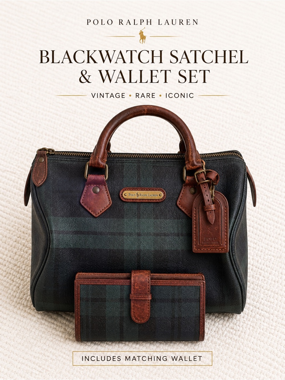 Polo Ralph Lauren Blackwatch Tartan Satchel + Wallet Set Vintage Rare